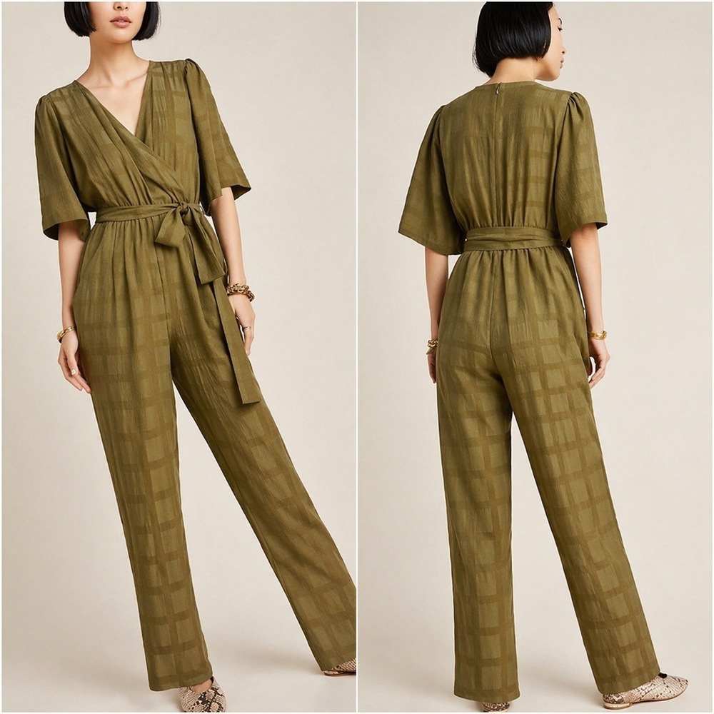 Anthropologie NEW Dolan Maia Olive Green Belted Surplice Jumpsuit SZ Medium Boho